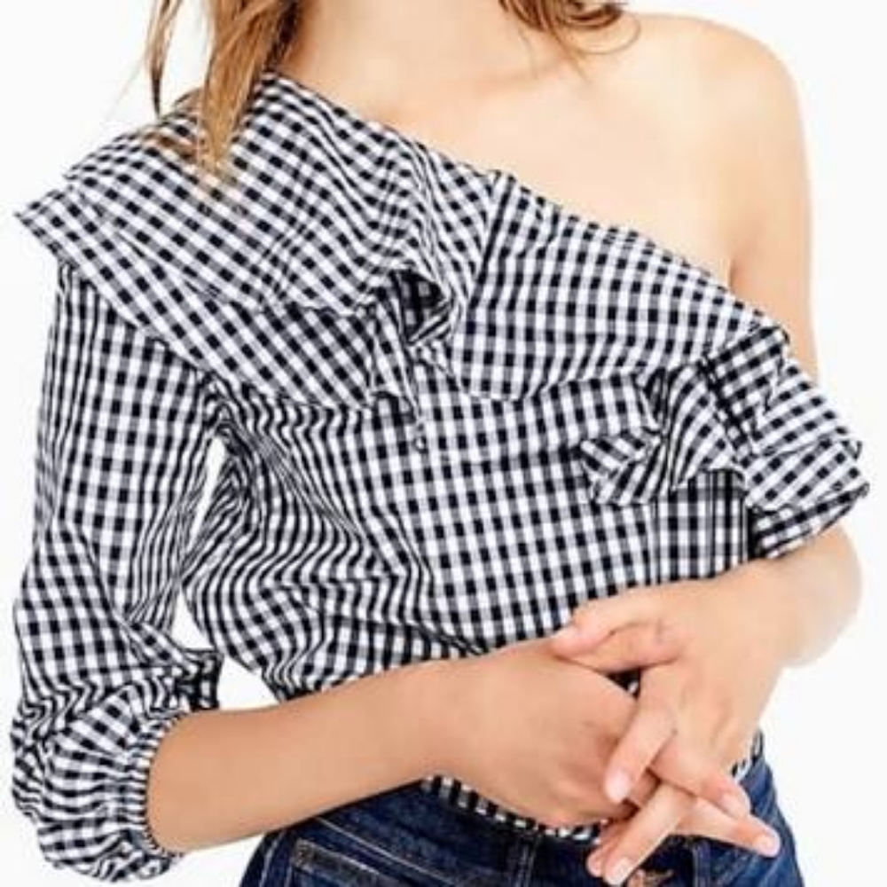 New J. Crew Gingham One Shoulder Top